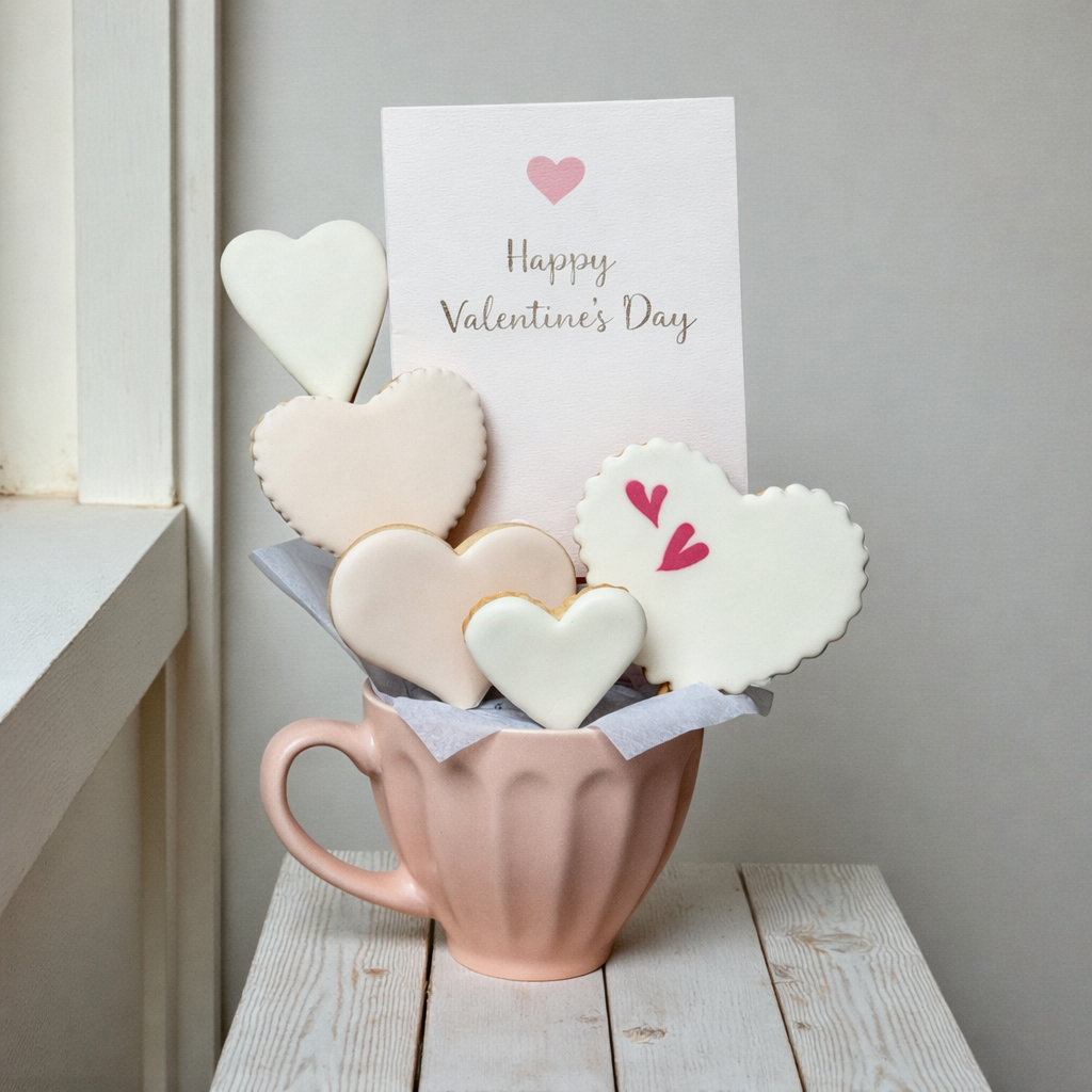 Heart-decorated cookies arranged in a gift cup