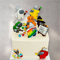 Custom birthday cake decorated with colorful astronaut crewmate characters