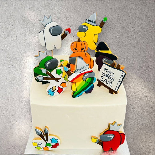 Custom birthday cake decorated with colorful astronaut crewmate characters