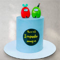 Among Us birthday cake with a hidden red imposter character reveal inside