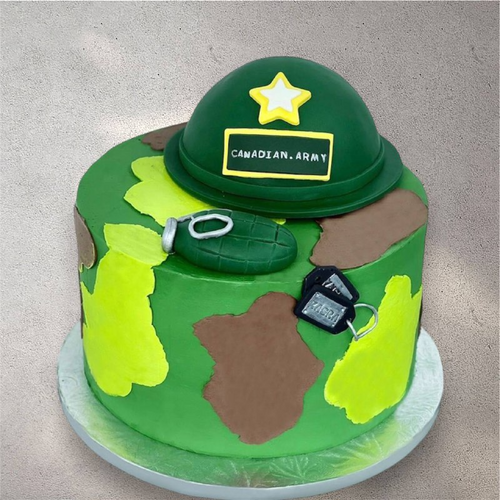 Camouflage-themed custom cake with army-inspired decorations