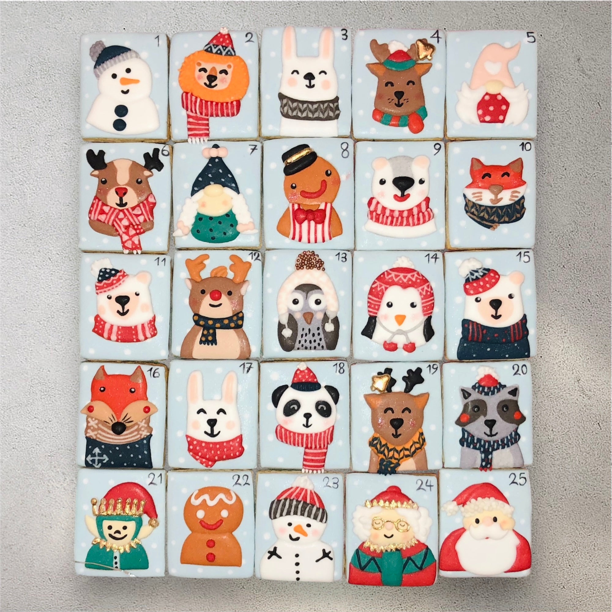 Assorted mini holiday cookies decorated for a Christmas countdown
