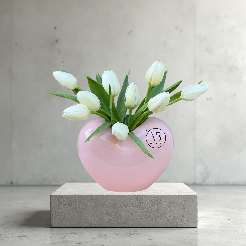 Soft pink and white flower vase arrangement with a heart accent