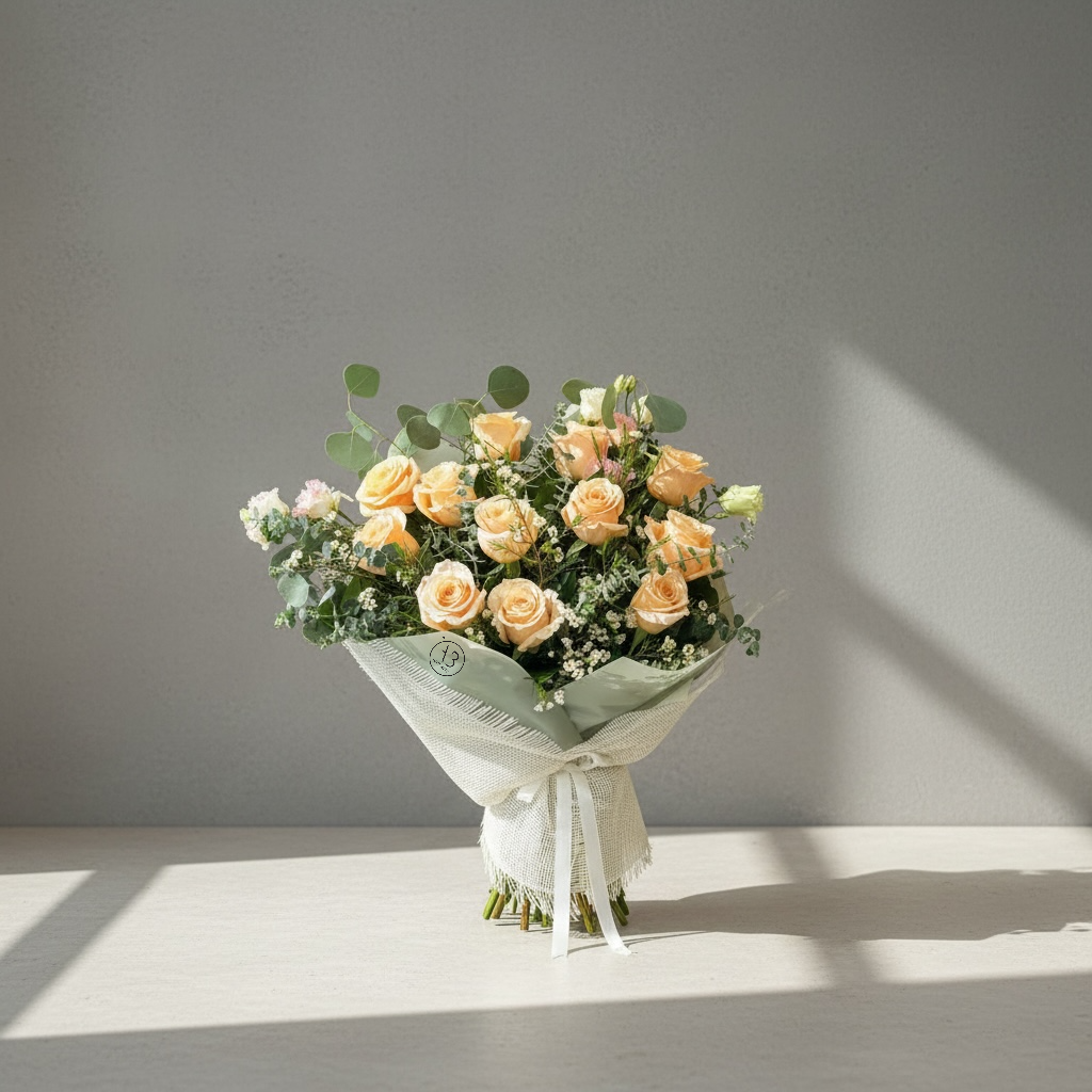 Close-up of blush pink roses and greenery in a hand-tied bouquet